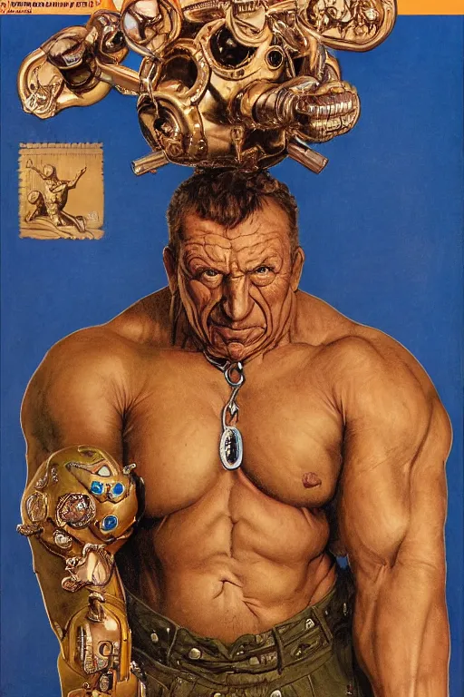 Image similar to upper body and head portrait of huge dorian yates as marvel character wearing pants and shirt and boots and gold jewellery round his neck by alex ross and lawrence alma tadema and zdzislaw beksinski and norman rockwell and jack kirby and tom lovell and greg staples