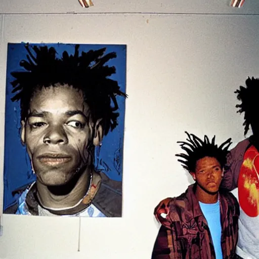 Image similar to portrait photo of jean - michel basquiat and kurt cobain in basquiat ’ s studio, photorealistic,