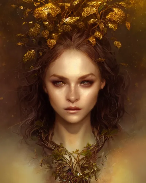 Image similar to dryad, perfect face, gold waistcoat, cinematic, stunning, highly detailed, digital painting, artstation, smooth, hard focus, illustration, art by jessica rossier and and brian froud