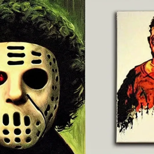 Prompt: jason voorhees in a bob ross painting, being painted by ted bundy