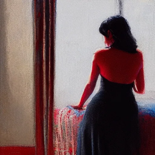Image similar to girl with long black hair, in backless red dress, backview, sitting on edge of bed, in a candle lit room, by jeremy lipking, tim rees, joseph todorovitch