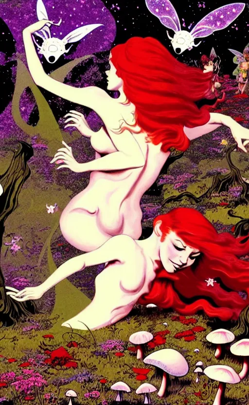 Prompt: fairies with detailed faces and red hair, enchanted cosmic forest, mushrooms on the ground, psychedelic, wide angle shot, white background, vector art, illustration by frank frazetta