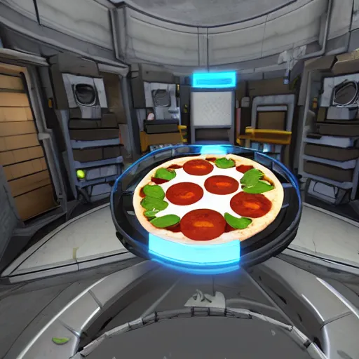 Prompt: test chamber involving pizza in portal 2, in game screenshot