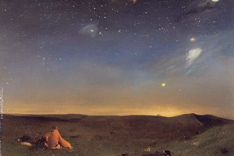 Prompt: night sky with clouds and stars, colorful, beautiful, national geographic, very detailed, oil painting, canvas, Theodor Kittelsen, Hermann Hendrich