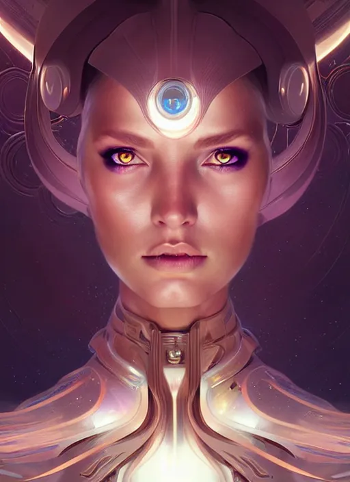 Image similar to futuristic woman portrait, sci-fi, amber eyes, face, long hair, fantasy, intricate, elegant, highly detailed, digital painting, artstation, concept art, smooth, sharp focus, illustration, art by artgerm and greg rutkowski and alphonse mucha