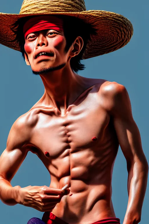 Image similar to pictufe of real life monkey d luffy, hyperdetailed, hyperrealism, vogue photo style, proportional, dynamic composition, face features, comfort posse, smooth, sharp focus, body features, ultra realistic, award winning photo, nikon d 8 5 0, 4 5. 7 mplens, 4 k, full body