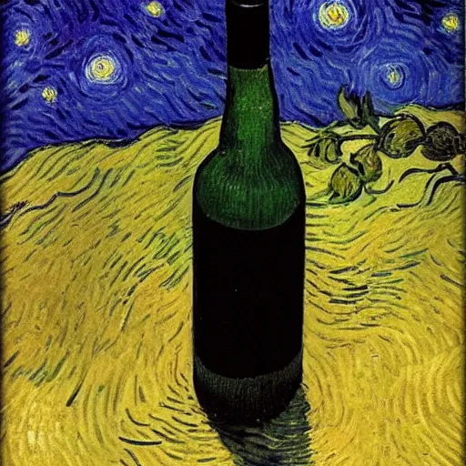 Image similar to a bottle on display filled by the sky painting by van gogh starry night, by van gogh