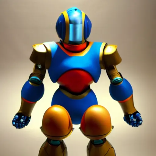 Image similar to His armor, however, resembles that of most other Robot Masters in that it's a skintight bodysuit with large rounded coverings on the lower arms and legs, and typical 'superhero briefs'. Mega Man's primary color is light blue with a dark blue 'trim' (his arms, legs, helmet and 'briefs'). His helmet has a raised light blue square in the forehead and a light blue ridge running straight back from the square, resembling an exclamation mark. His helmet also features round light blue sections with red circles in the center over his ears. He also has red circles in his Mega Buster and below his feet., Megaman series