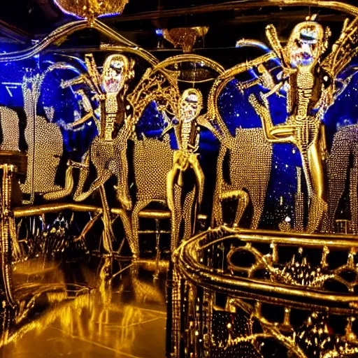 Image similar to professional nightclub photo, a giant crowd of realistic shiny reflective chrome skeletons covered in diamonds dancing wildly and sensually, inside a black and gold fancy high end highly themed rococo nightclub with fog and blue lasers