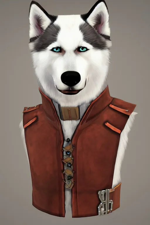 Image similar to a portrait painting of a husky in cowboy costume in the style of anime, [ western film ], [ character design ], humanoid, personify, anthropomorphic, trending on artstation, [ the sims 4 ]