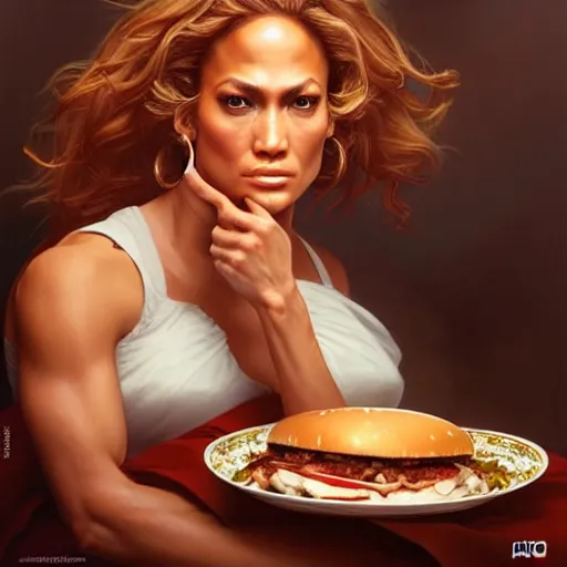 Prompt: Jennifer Lopez Eating Big Macs, dripping BBQ Sauce, serving burgers, D&D, fantasy, intricate, elegant, highly detailed, digital painting, artstation, concept art, matte, sharp focus, illustration, hearthstone, art by Artgerm and Greg Rutkowski and Alphonse Mucha