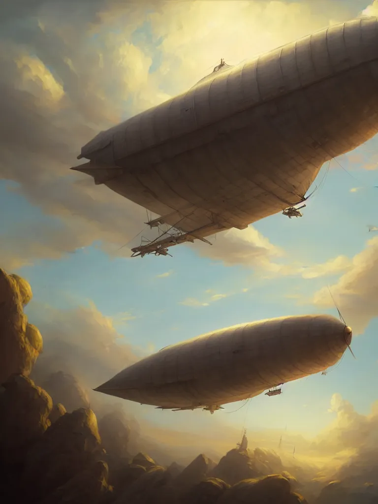 Image similar to a painting of a airship flying in the sky, a detailed matte painting by mandy jurgens, featured on cgsociety, fantasy art, 2 d game art, matte painting, cryengine