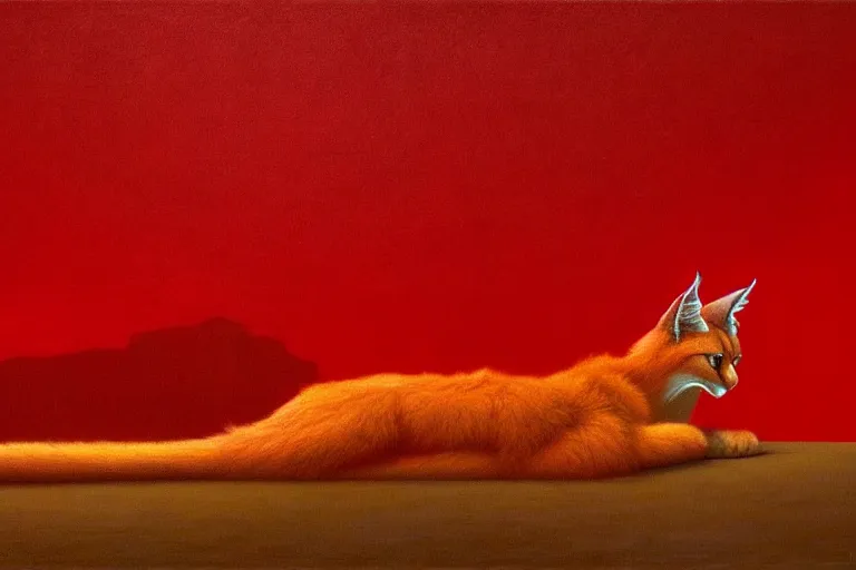 Image similar to only with red, a red cute fluffy caracal, ancient greek city, in the style of beksinski, parts by edward hopper, parts by rodcenko, parts by yue minjun, intricate and epic composition, red by caravaggio, insanely quality, highly detailed, masterpiece, red light, artstation, 4 k