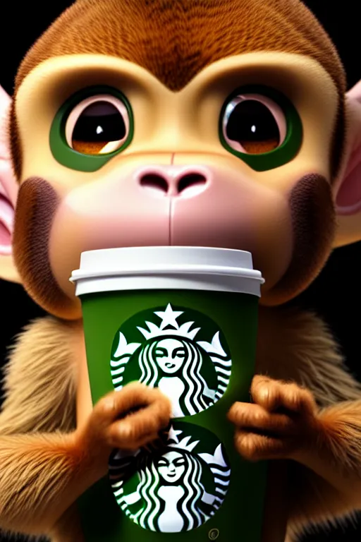 Image similar to high quality 3 d render hyperrealist very cute monkey with a starbucks coffee, vray smooth, in the style of detective pikachu, hannah yata, very dramatic light, low angle, uhd 8 k, shallow depth or field