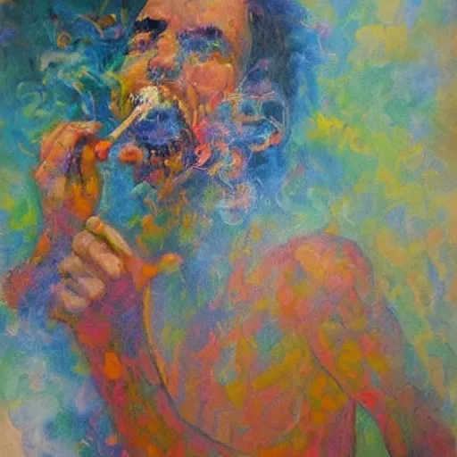 Prompt: smoker. smoke. happiness. art. impressionism