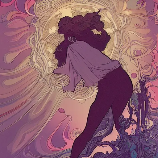 Image similar to a woman leaving her body, astral projection, astral travel, space background, cinematic, detailed, very realistic, by Alphonse Mucha, Moebius, Laurie Greasley