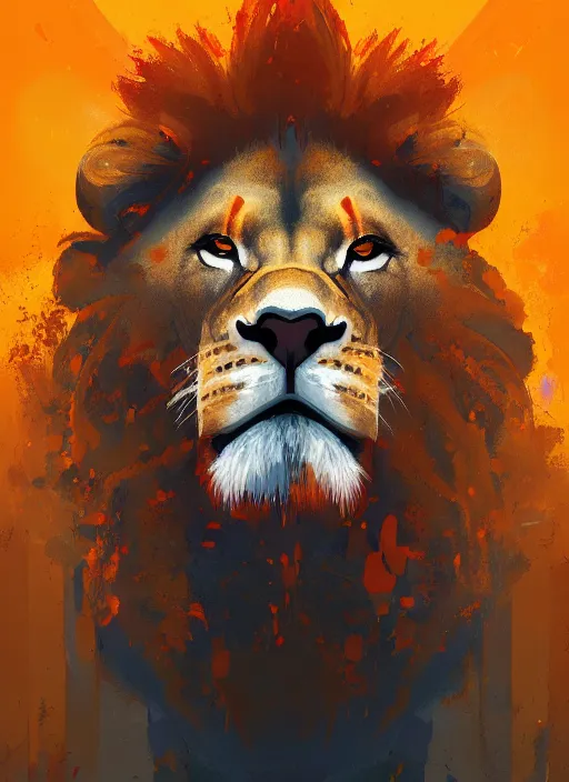 Prompt: a painting of a lion's face with orange and yellow smoke coming out of, a digital painting by petros afshar, behance contest winner, digital art, behance hd, digital illustration, digital painting