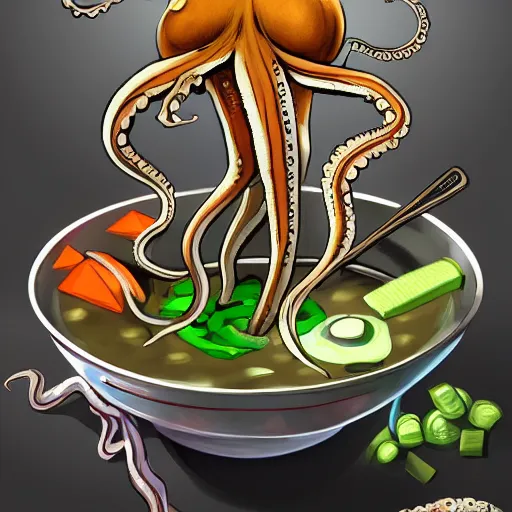 Image similar to an octopus cooking soup, stirring a pot with a ladle and cutting vegetables, fantasy illustration, trending on artstation, deviantart, very realistic, 4k