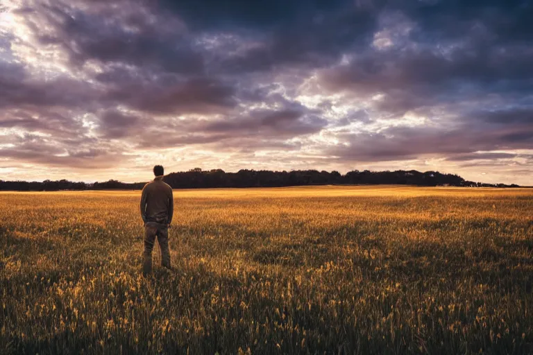 Image similar to Man stands on a meadow, 8k Photography, Golden hour