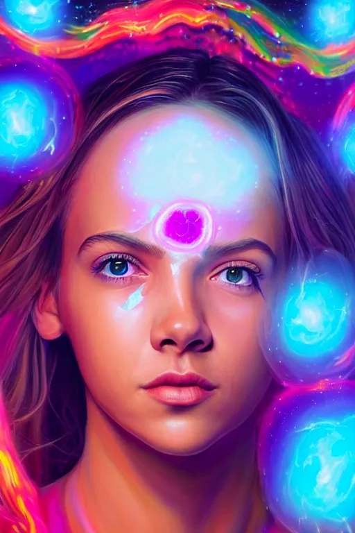 Image similar to a photorealistic painting of an attractive young girl, clothed in ethereal forcefields, surrounded by colorful transparent plasma, emitting psychic powers, beautiful bone structure, perfectly symmetrical face, perfect eyes, intricate, elegant, ultra-detailed, digital painting, concept art, illustration, sharp focus, minimal artifacts, volumetric lighting, from Valerian and the City of a Thousand Planets, in the style of Artgerm and Loish, fantasy scene, fantasy aesthetic, trending on Artstation and Tumblr, award winning