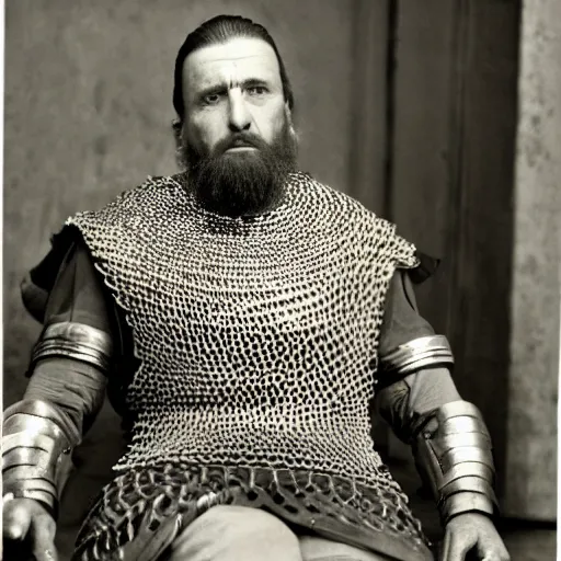 Image similar to a man wearing full chainmail, sitting in waitin room, film still