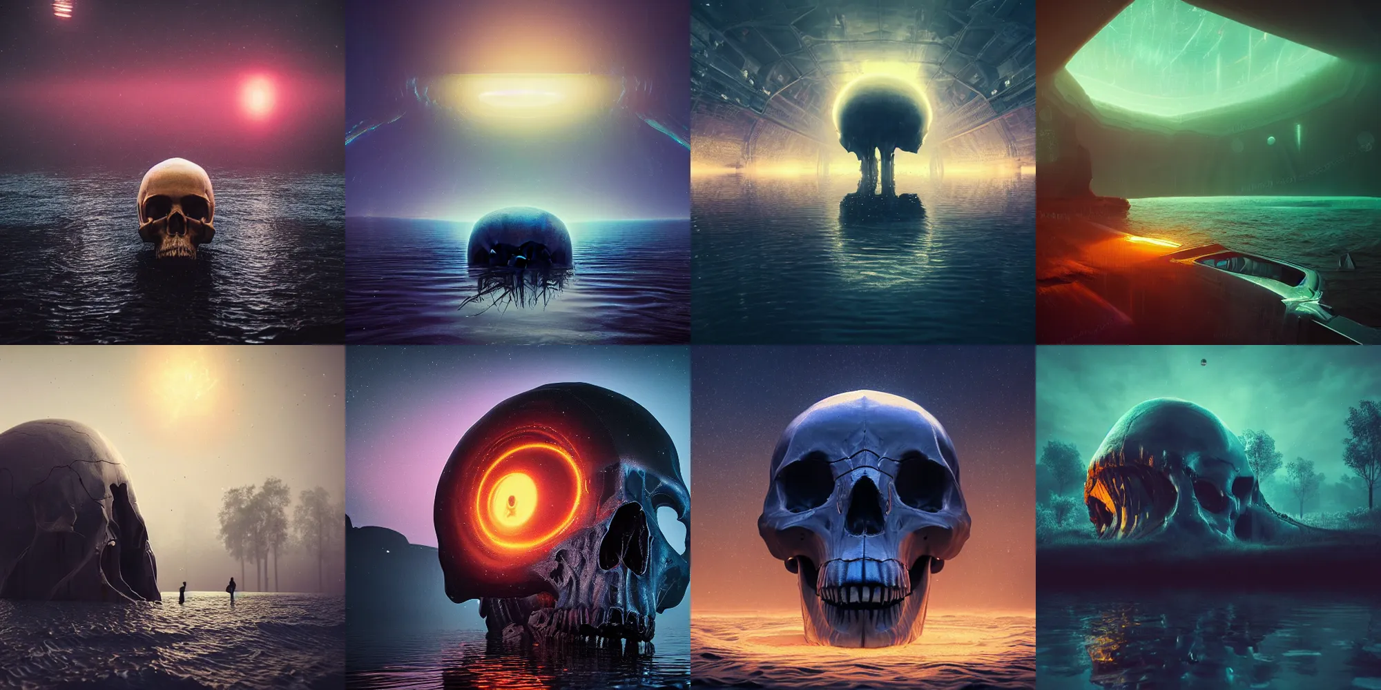 Prompt: beautiful dark flooded landscape, giant human skull painted with the universe, in the style of beeple and Mike Winkelmann, photo real, ultra realistic, intricate, epic lighting, 8k resolution, unreal engine 5, ultraviolet colors,