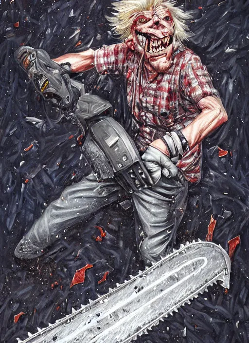 Prompt: an enraged chainsaw wielding grandma by adrian smith