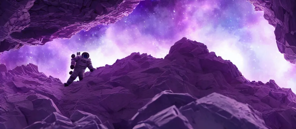 Image similar to extreme close up, astronaut on purple [ [ [ crystal ] ] ] caves, amethyst, beautiful dynamic lighting, nebula sky, cinematic, wide angle establishing shot, extremely high detail, photo realistic, cinematic lighting, matte painting, interstellar, greg rutkowski, roger deakins