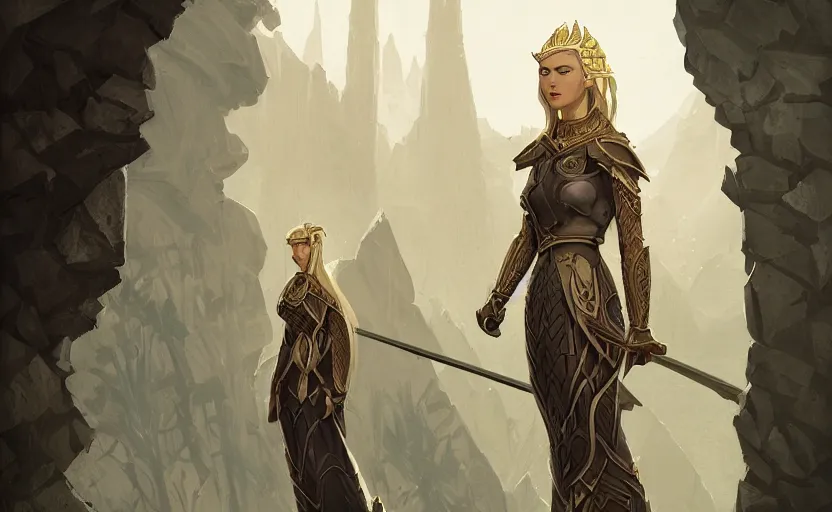 Image similar to the elder scrolls vi a portrait of a regal blond elven princess warrior near the epic entrance to a city. illustration by atey ghailan