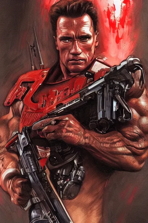 Prompt: beautiful cottagecore arnold schwarzenegger as terminator holding a pump action shotgun, red bionic eye, dark forest, intricate, elegant, highly detailed, digital painting, artstation, concept art, smooth, sharp, focus, illustration, art by artgerm and greg rutkowski and alphonse mucha