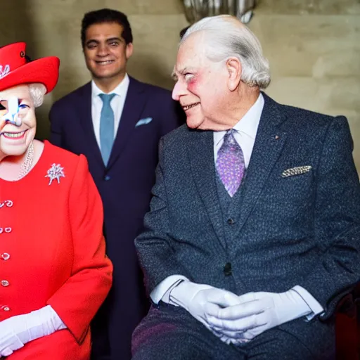 Image similar to Queen Elizabeth II meets Juan Gabriel, professional photography, 8k, highly detailed, 30mm