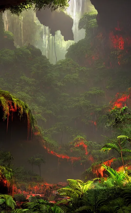 Prompt: a beautiful render of a dark prehistoric rainforest in a humongous cave, lush flora, patches of yellowish - orange, red, magenta sky, sunset, floating mountains and a waterfall in the background, intricate detail, hazy, humid, volumetric lighting, 8 k, photorealistic, raytracing effects, unreal engine 5