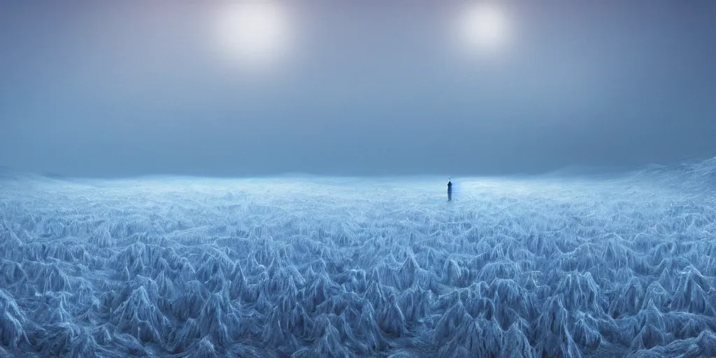 Image similar to a hd render of a surreal frozen landscape, cinematic lighting, by beeple and zdzisław beksinski, blue color scheme, cinematic perspective, cinematic lighting, matte painting, detailed, sci - fi, hdr, 4 k, artstation