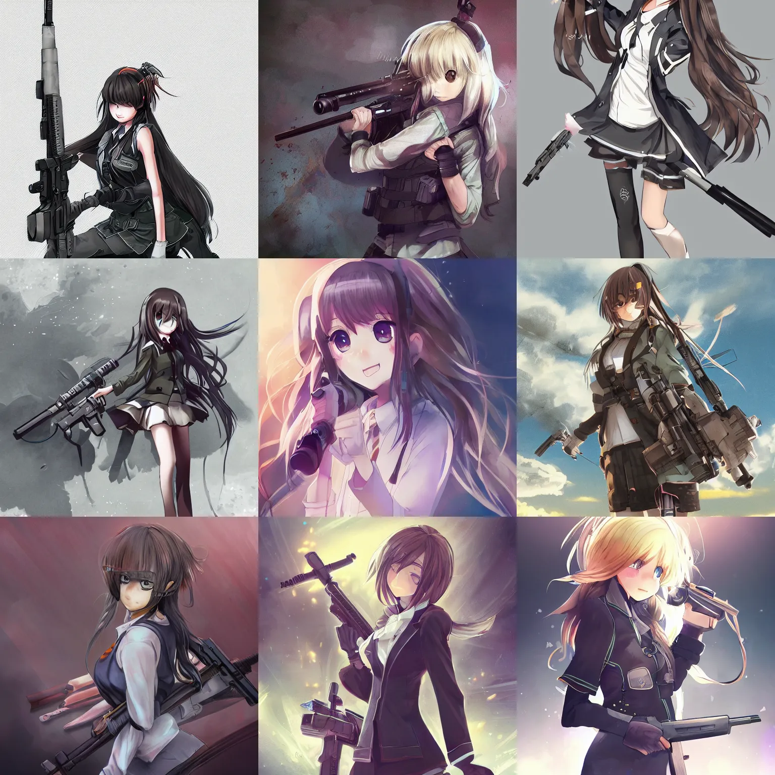 Prompt: anime, full body, cute, female, a cute girl wearing a school uniform and holding a sniper rifle, long messy hair, light and shadow effects, highly detailed, digital painting, art station, sharp focus, high quality, frontal view, illustration, concept art, advanced digital anime art