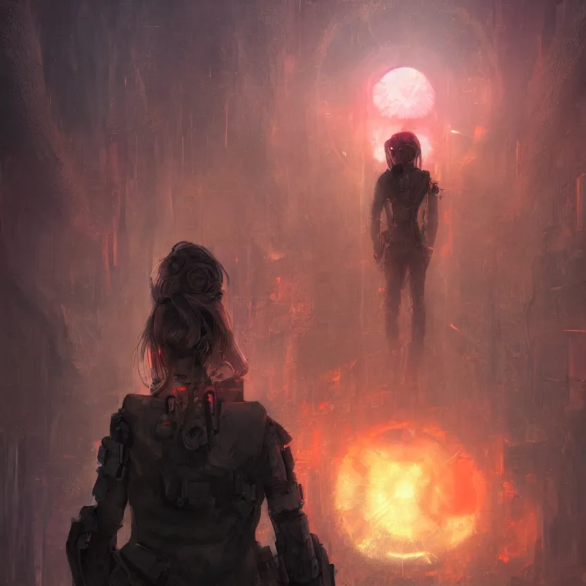 Image similar to portrait of a beautiful guard seen from the back in front of a dystopian (orange fog) merkabah flower of life cyberpunk trending on artstation