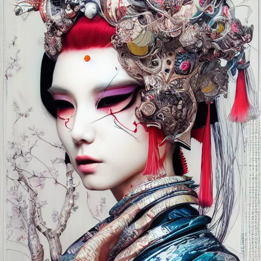Image similar to the portrait of an absurdly beautiful, graceful, elegant, sophisticated, fashionable cyberpunk geisha gravure idol, an ultrafine hyperdetailed illustration by kim jung gi, irakli nadar, vania zouravliov, intricate linework, bright colors, porcelain skint, unreal engine 5 highly rendered, global illumination, radiant light, detailed and intricate environment