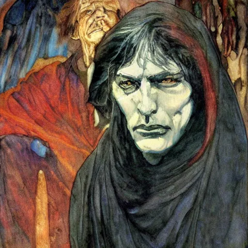 Prompt: comics sandmanin a cloak by Neil Gaiman, in style The Demon Seated, by Mikhail Vrubel, oil painting, art gallery, art museum, small details, whole-length, hyperrealism, black cloak, very detailed face