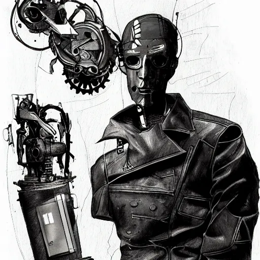 Image similar to cyborg male, slim, short hair, small scar on the chin, leather jacket with steampunk elements, one robotic arm and big shoes, book cover, deep shadows, by Dave McKean sketch lineart for character design