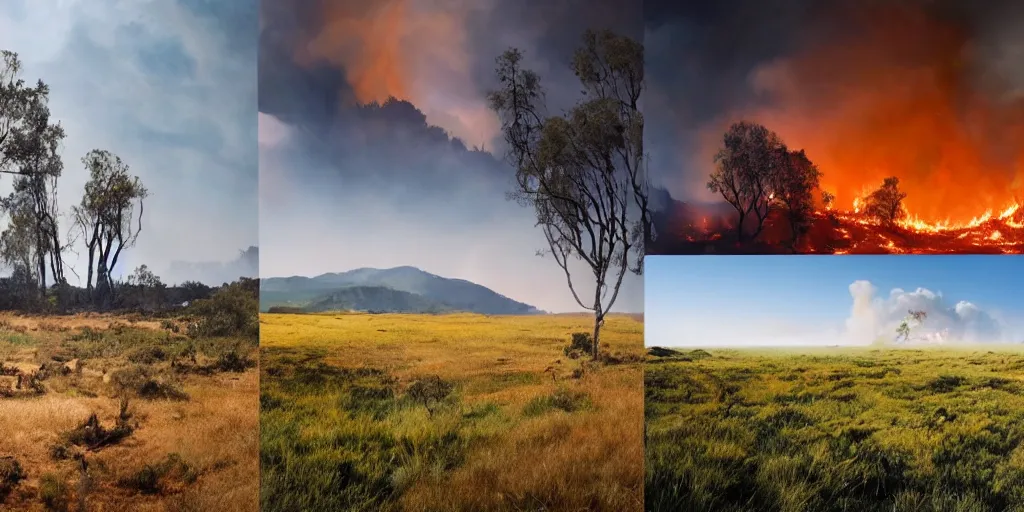 Image similar to two completly different landscapes divided exaclty in the horizontal middle by a mysterious force, one landscape on the left with a lot of fire and burned ground and no life and burning sky and on the right the completly opposite landscape with a lot flora and fauna and trees and blue sky and green ground with lots of gras and animals, hyperrealistic, high quality, 4k, ultra detailed