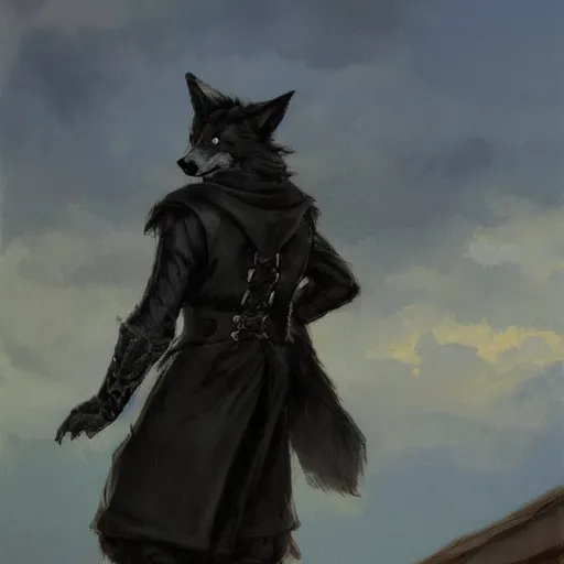 Prompt: an anthropomorphic wolf in a black doublet looking out over the hills, artstation hq, stylized, sharp focus, concept art, furaffinity fursona, furry, anthropomorphic, by gregory manchess and norman rockwell