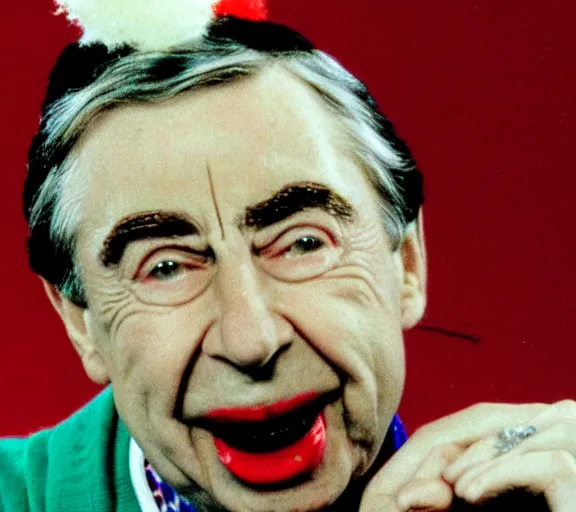 Prompt: color still shot of mister fred rogers lead singer performing in music group insane clown posse, face closeup