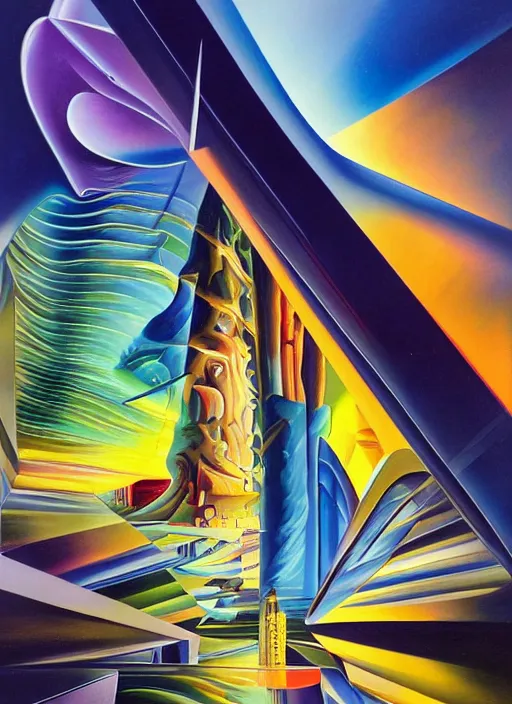 Prompt: an extremely high quality hd surrealism painting of a 3d galactic neon complimentary-colored cartoon surrealism melting optically illusiony high-contrast zaha hadid futuristic cityscape hallway by kandsky and salvia dali the second, salvador dali's much much much much more talented painter cousin, clear shapes, 8k, realistic shading, ultra realistic, super realistic