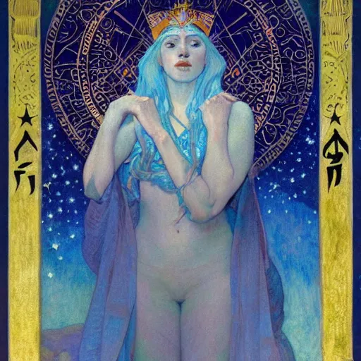 Prompt: queen of the moon with stars in her hair, by nicholas roerich and annie swynnerton and donato giancola and jean delville and dulac, dramatic lighting, god rays, geometric tattoos, rich colors, smooth sharp focus, extremely detailed, leo and diane dillon, adolf wolfli