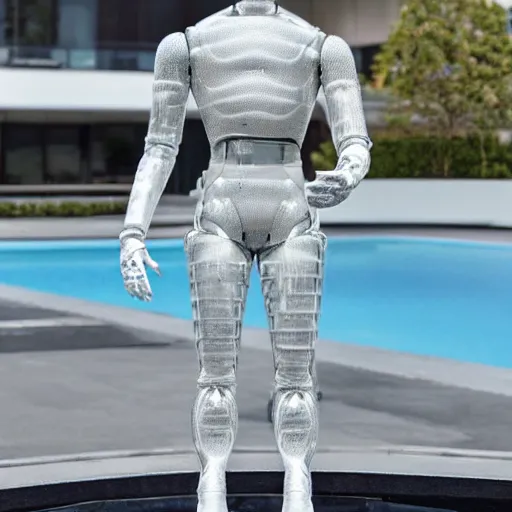 Image similar to made of ice, a realistic detailed photo of a guy who is an attractive humanoid who is half robot and half humanoid, who is a male android, on display, blank stare, showing off his muscles, shiny skin, posing like a statue, by the pool, frozen ice statue, f 1 driver max verstappen, humanoid robot