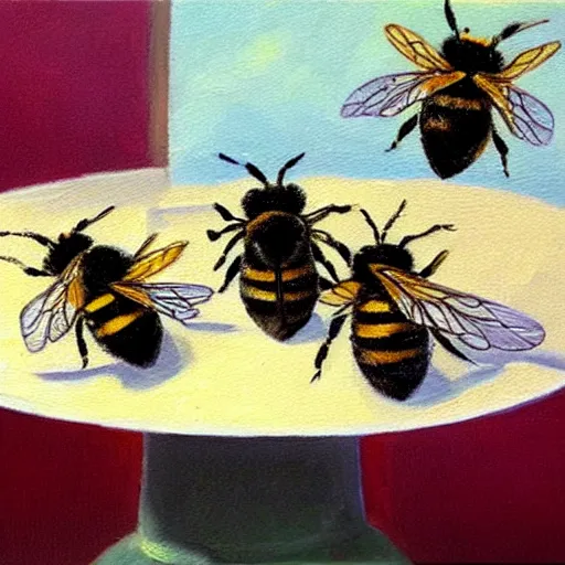 Prompt: bees wearing hats, having a tea party, oil painting