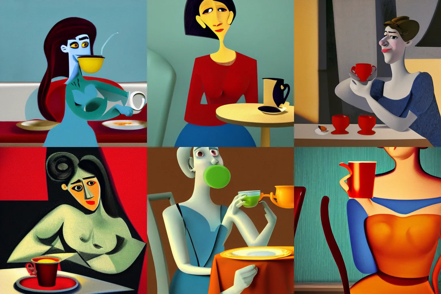 Prompt: a 3D pixar movie screenshot of a woman drinking tea by Pablo Picasso, cinematic 3D render
