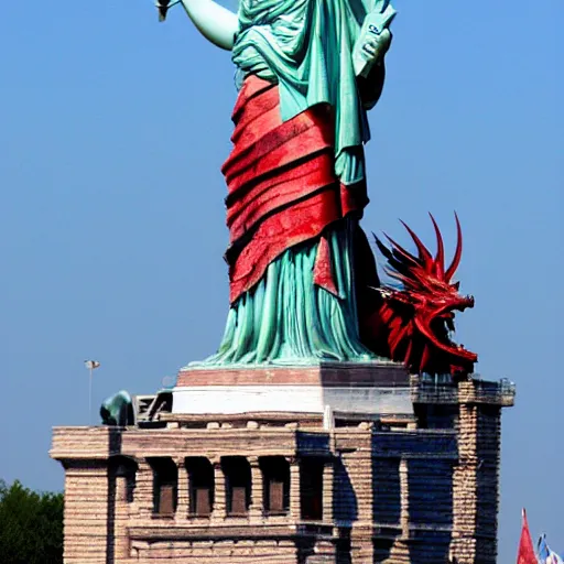 Prompt: Lady Liberty sitting on the back of a red dragon 龙