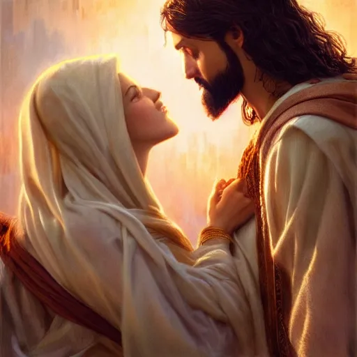 Image similar to jesus kissing a sensual woman in jerusalem, elegant, highly detailed, digital painting, artstation, concept art, matte, sharp focus, highly detailed, 4 k, hdr, smooth, sharp focus, high resolution, award - winning photo, photorealistic, art by artgerm and greg rutkowski and alphonse mucha, large shot