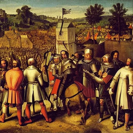 Image similar to a king and his knights standing over poor peasants, historical painting