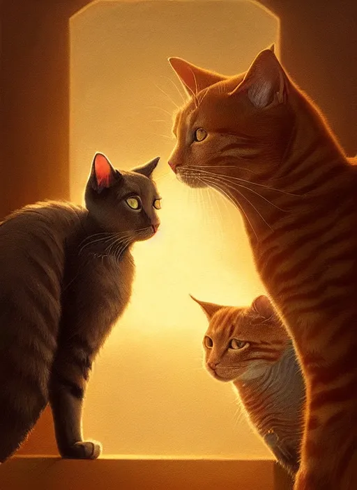 Image similar to two cat in cats city, portrait of a ginger cat and a gray cat, atmospheric lighting, painted, menacing, intricate, volumetric lighting, beautiful, rich deep colours masterpiece, golden hour, sharp focus, ultra detailed, by leesha hannigan, ross tran, thierry doizon, kai carpenter, ignacio fernandez rios